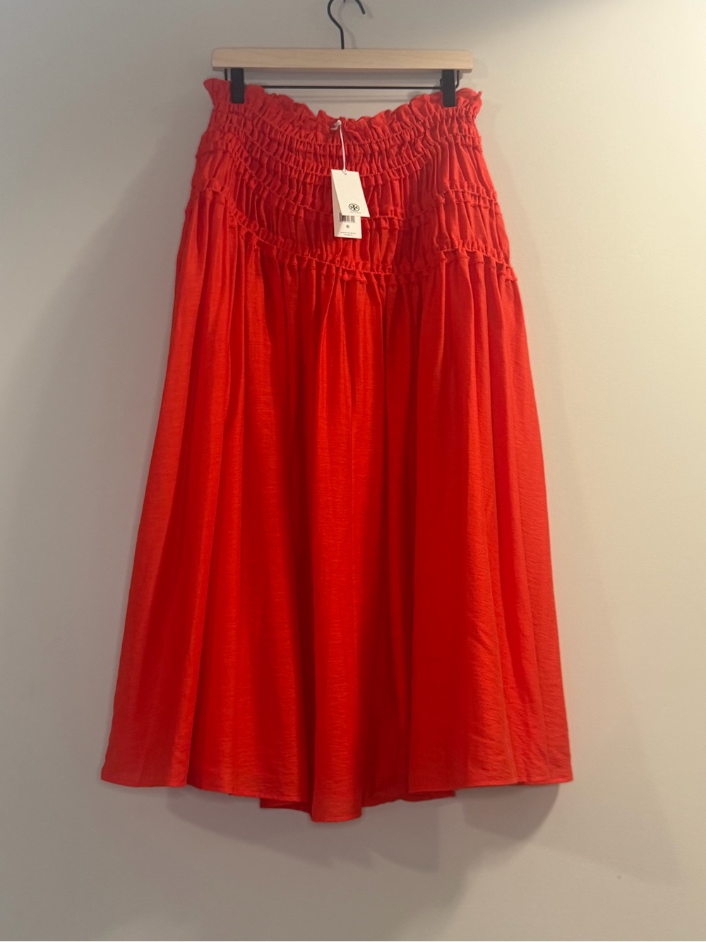 Tory Burch Red Smocked Waist Midi Skirt